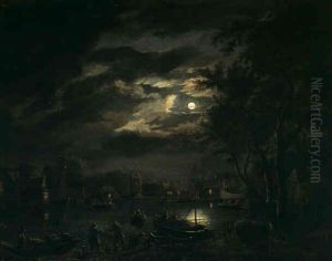 Manskenslandskap Med Byggnader Och Figurer by Aert van der Neer
