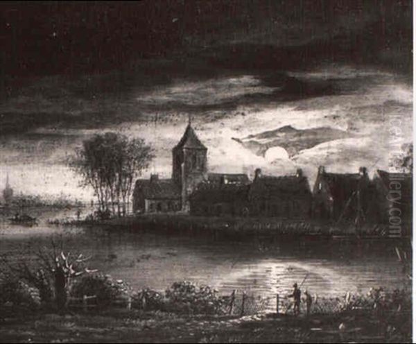 A Moonlit River Landscape With A Village - view 1
