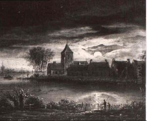 A Moonlit River Landscape With A Village by Aert van der Neer