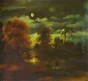 A Moonlit Village River Landscape With Two Figures by Aert van der Neer