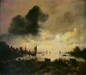 Cattle Grazing In A Riverside Pasture Before A Town Bathed  In Moonlight