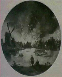 Figures On The Banks Of A River Watching A Town Burning By Night by Aert van der Neer