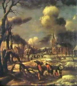 A Village In Winter With Peasents Gathering Faggots In The  Foregraound