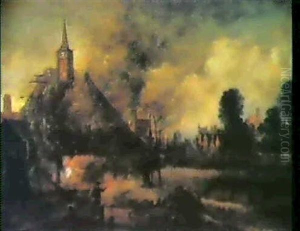 Nachtliche Feuersbrunst In Einer Stadt Am Fluss - view 1