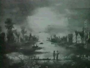 Mansken Over Flodlandskap Med Figurer, Batar Och Hus by Aert van der Neer