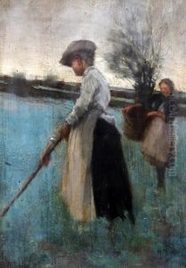 Lady And Young Girl Working In A Field by Margaret Bird