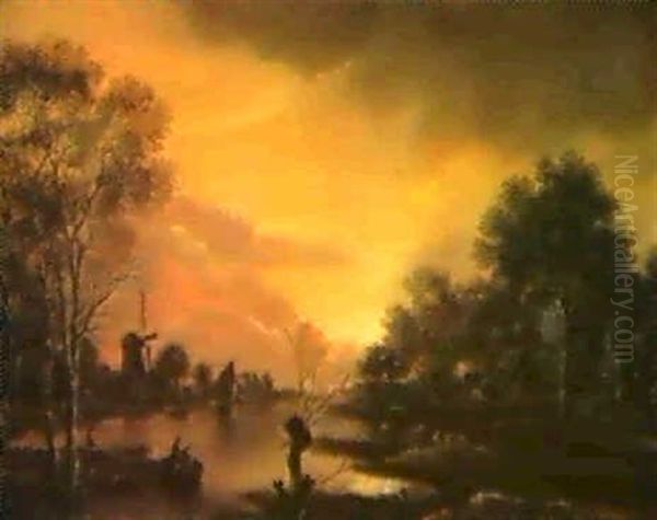 Bewaldete Flusslandschaft Mit Bauernhausern - view 1