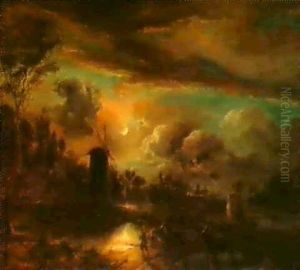 A River Scene By Moonlight. by Aert van der Neer