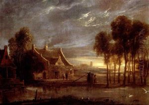 An Extensive River Landscape At Evening, With Two Figures   Conversing Near A House