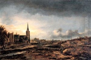 Moonlit River Landscape With Travellers by Aert van der Neer