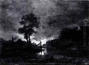 Moonlit Estuary With A Fisherman In The Foreground by Aert van der Neer