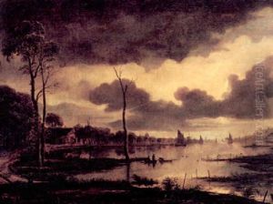 Hollandische Fluslandschaft Bei Mondschein by Aert van der Neer