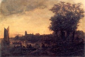 Fluslandschaft Mit Fischerbooten Bei Mondschein