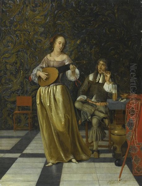 A Lady Playing A Lute With A Gentleman Seated At A Table In An Interior - view 1