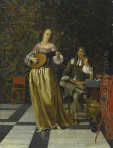 A Lady Playing A Lute With A Gentleman Seated At A Table In An Interior