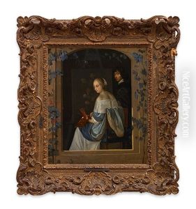Blick Durch Eine Trompe-l"oeil-fensteroffnung Auf Eine Junge Malerin An Der Staffelei by Eglon van der Neer
