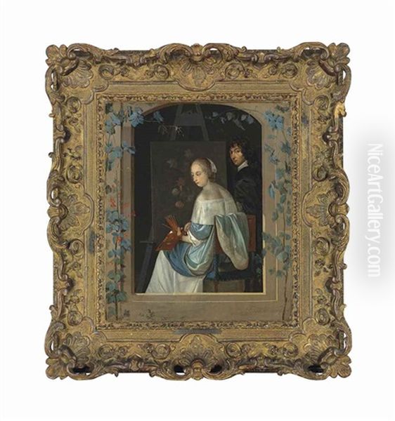 A Female Painter Sitting At An Easel, With A Man In An Interior, In A Trompe L'oeil Window - view 1