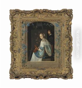 A Female Painter Sitting At An Easel, With A Man In An Interior, In A Trompe L'oeil Window A Female Painter Sitting At An Easel, With A Man In An Interior, In A Trompe L'oeil Window