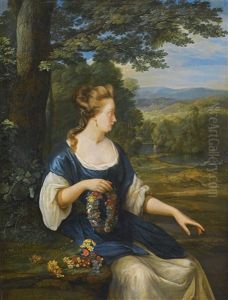 Portrait Of A Young Woman, Three-quarter Length, Seated In A Landscape Holding A Floral Wreath