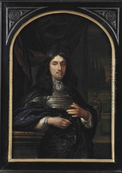 Portrait Of A Gentleman Leaning On A Ballustrade, Three-quarter-length, In A Dark Blue Coat, Before A Red Curtain, A Garden With Statues Beyond - view 1