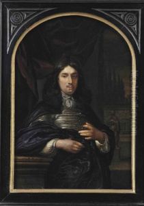 Portrait Of A Gentleman Leaning On A Ballustrade, Three-quarter-length, In A Dark Blue Coat, Before A Red Curtain, A Garden With Statues Beyond