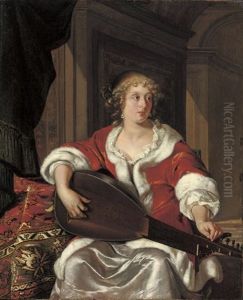 A Lady Tuning A Luth Theorbe by Eglon van der Neer