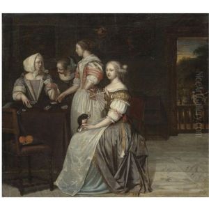 An Interior With A Company Of Elegant Ladies Playing Cards, A Balustrade With A Landscape Beyond by Eglon van der Neer