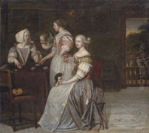 Elegant Company Playing Cards In An Interior by Eglon van der Neer