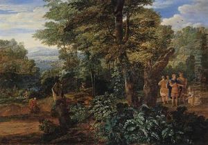 A Wooded River Landscape With Semiramis Receiving The Crown Of The King Of Assyria by Eglon van der Neer