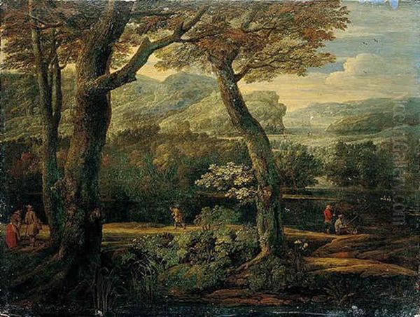 A Wooded River Landscape With Two Men Fishing, A Traveller, And Two Figures Conversing - view 1