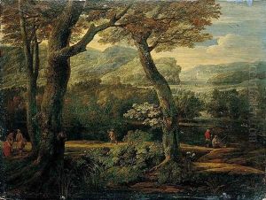 A Wooded River Landscape With Two Men Fishing, A Traveller, And Two Figures Conversing by Eglon van der Neer