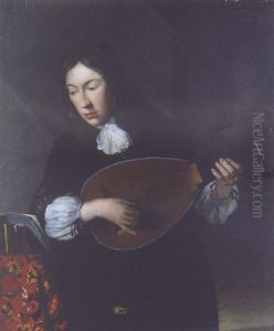 A Youth Standing By A Table In An Interior, Playing The Lute, A Statue In A Niche Beyond