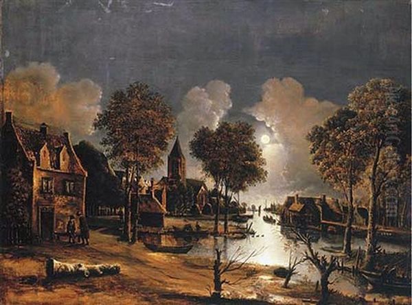 A Village In A Moonlit River Landscape - view 1