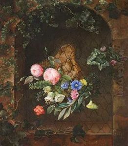Niche Med En Figur Forestillende Madonna Med Barnet. Nichen Pyntet Med En Broget Buket Blomster by Hermania Sigvardine Neergard