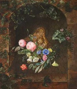 Niche Med Figur Forestillende Madonna Med Barnet, Pyntet Med En Broget Buket Blomster by Hermania Sigvardine Neergard