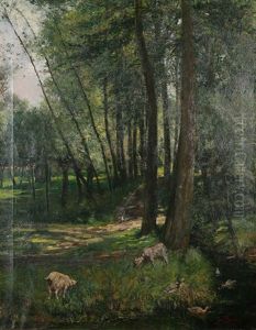 Chemin Forestier Ensoleille Avec Chevres Et Canards Pres Du Ruisseau by Jan Neervoort