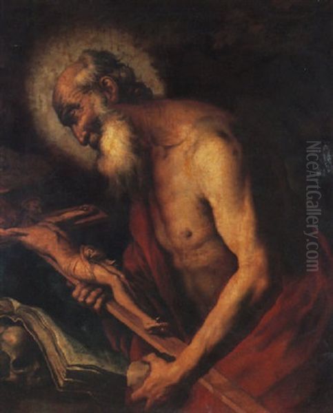 Saint Jerome In Penitence Before A Crucifix, Holding A Stone, With A Skull And Open Book Nearby - view 1