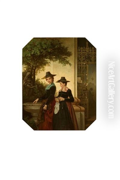 Das In Meisterlicher Manier Gemalte Genrebild Zeigt Zwei Elegante Junge Damen In Zillertaler Tracht Vor Einem Kirchenportal - view 1