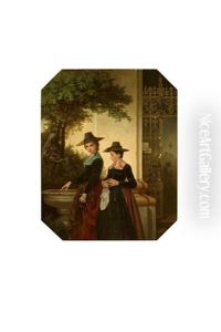 Das In Meisterlicher Manier Gemalte Genrebild Zeigt Zwei Elegante Junge Damen In Zillertaler Tracht Vor Einem Kirchenportal by Michael Neher