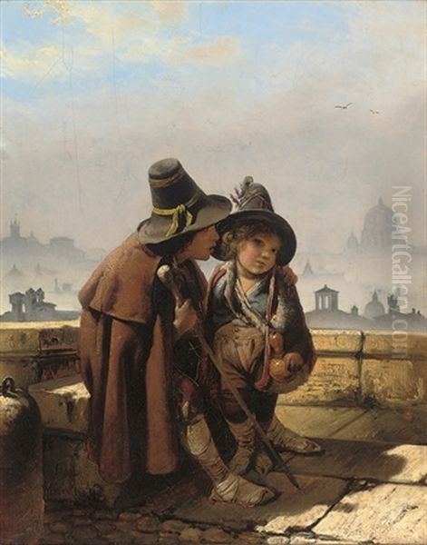 Two Street Urchins On A Rooftop With A Panorama Of Rome Beyond - view 1
