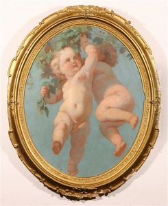 Putti Holding A Wreath by Timoleon Carl von Nehf
