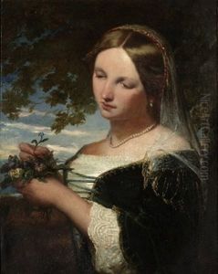 Ung Russisk Kvinde Med Perlekaede Og Slor Plukker Blomster by Timoleon Carl von Nehf
