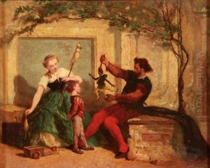 Puppeteer Performing For A Young Boy And A Woman Making Thread Puppeteer Performing For A Young Boy And A Woman Making Thread