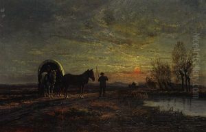 Planwagen Mit Einem Paar Bei Sonnenuntergang Planwagen Mit Einem Paar Bei Sonnenuntergang