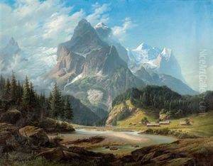 Gebirgspartie Mit Wetterhorn, Wellhorn Und Rosenlauigletscher (+ Junger Hirte Vor Dem Monte-roa-massiv, 1864; 2 Works)