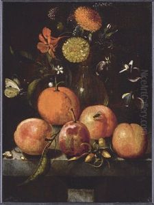 Still Life With Plums, An Orange, A Cabbage White Butterfly And Flowers In A Glass Vase On A Stone Ledge by Martinus Nellius