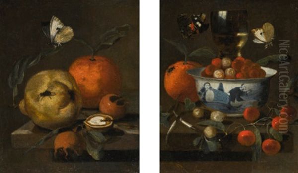 A Pear, An Orange, Medlars And Half A Walnut On A Stone Ledge, A Cabbage White Butterfly Above; A Chinese Porcelain Bowl With Strawberries, Cherries, An Orange And A Roemer Glass On A Ledge, Together With Two Butterflies - view 1