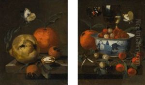 A Pear, An Orange, Medlars And Half A Walnut On A Stone Ledge, A Cabbage White Butterfly Above; A Chinese Porcelain Bowl With Strawberries, Cherries, An Orange And A Roemer Glass On A Ledge, Together With Two Butterflies by Martinus Nellius