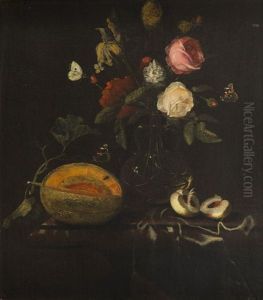 Still Life With Flowers, Melon And Butterflies by Martinus Nellius