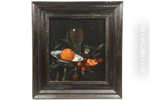 An Orange In A Wanli Kraak Porcelain Bowl With Cherries And A Roemer On A Stone Ledge by Martinus Nellius